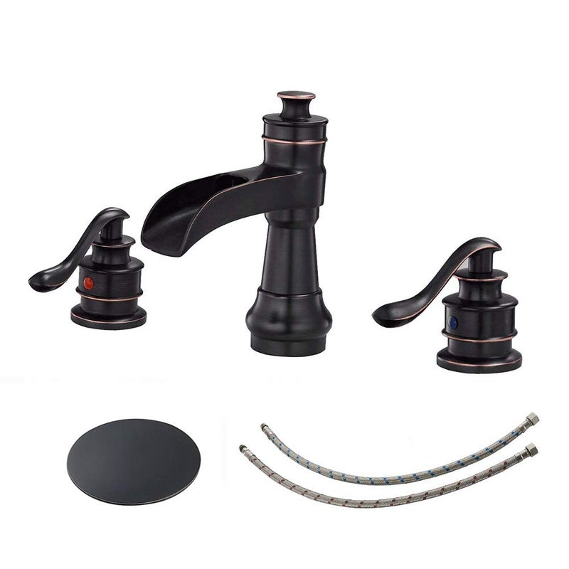 BWE Waterfall Widespread Bathroom Faucet 3 Hole Oil Rubbed Bronze Farmhouse 8 Inch Pop Up Drain Stopper Assembly Overflow Supply Line Faucets Parts Two Handle Bath Vanity Lavatory Sink - Image 1